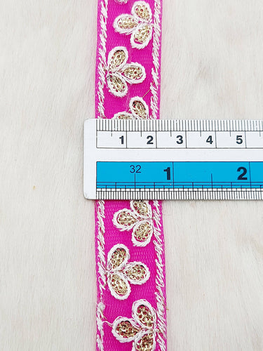 Wholesale Fuchsia Net Lace Floral Embroidery & Glitter Gold Sequins, Indian Wedding Border, Gifting Ribbon Costume Trim Fashion Trimming